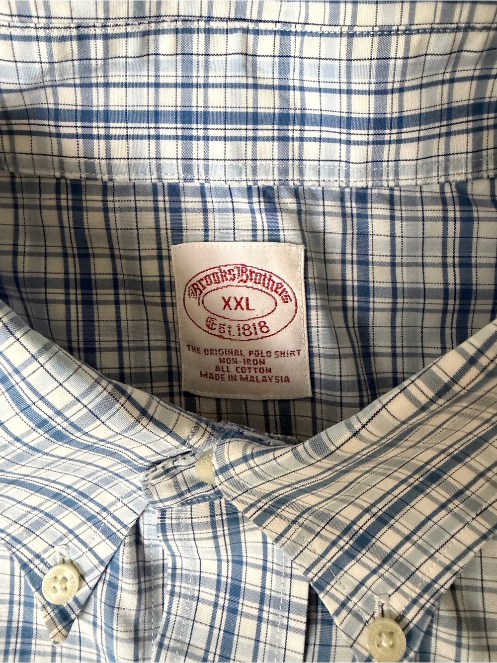 Brooks Brothers Light Blue and White Plaid Cotton Non-iron Polo Shirt